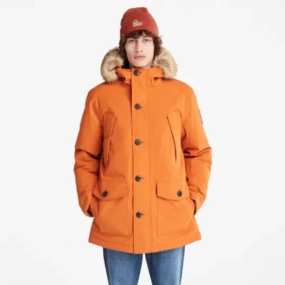 New NWT Mens Timberland Down Coat Orange Waterproof L Dryvent Warmest Recycled - Picture 1 of 16